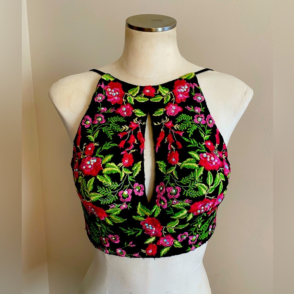 Jovani Floral Beaded Halter Bralette Festival Top